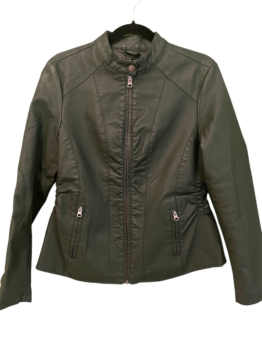 NWOT Baccini Moto Hunter Green Faux Leather Jacket Cinched Waist